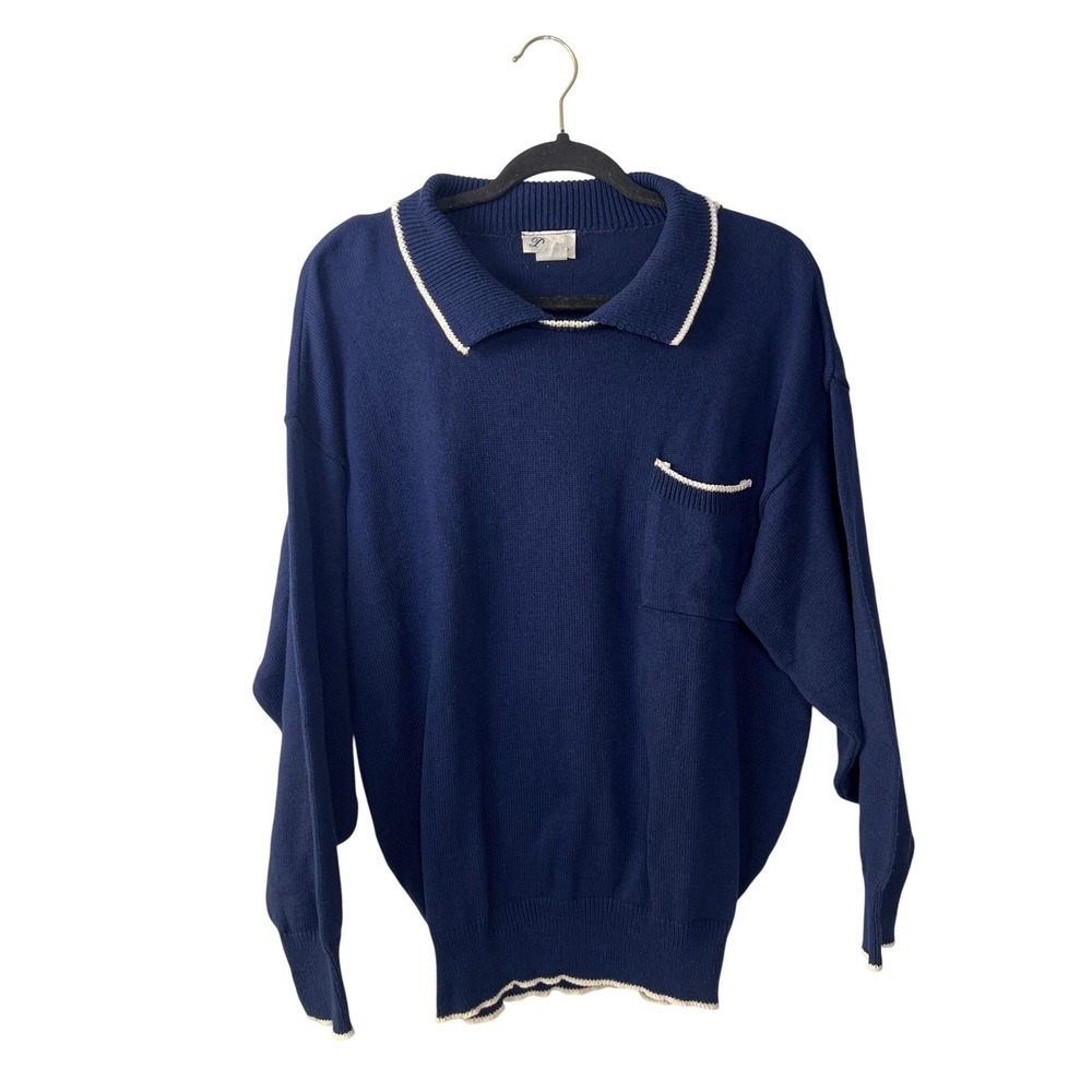 Darian Vintage 90s Royal Blue Knit Collar Polo Sweater Large Grandmacore Retro